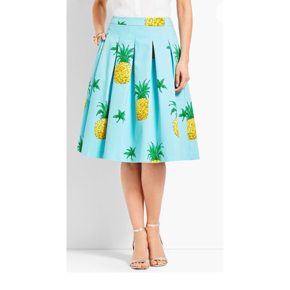 Talbots Pineapple Print Full Pleated Skirt with Pockets Blue Size 8 - Picture 1 of 15